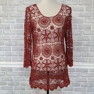 Sorrento Cotton Open Crochet Lace Top M Coverup Festival Boho Long Sleeve Tunic